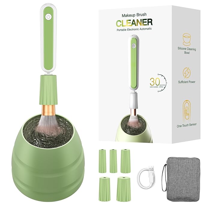 Electric Makeup Brush Cleaner Machine -15000RPM Fast Deep Cleaning and Dry Make Up Brushes Efficient Cleaning with Storage Cas Portable Spinning Washer Gift for Women-Green