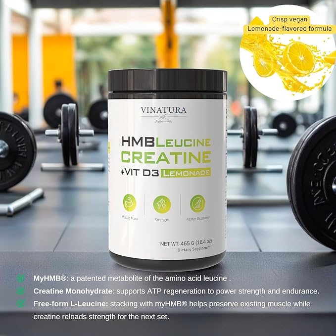 VINATURA HMB Creatine Leucine Powder - 5g Creatine Monohydrate 3g HMB Supplement 3g L-Leucine - Vitamin D3 Vegan Lemonade Flavor Muscle &amp Strength Support - 30 Servings