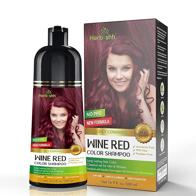 Herbishh Hair Color Shampoo - Magic Dye for Gray Hair Long Lasting Color in Minutes 3-In-1 Ammonia-Free 500 Ml (Wine Red)