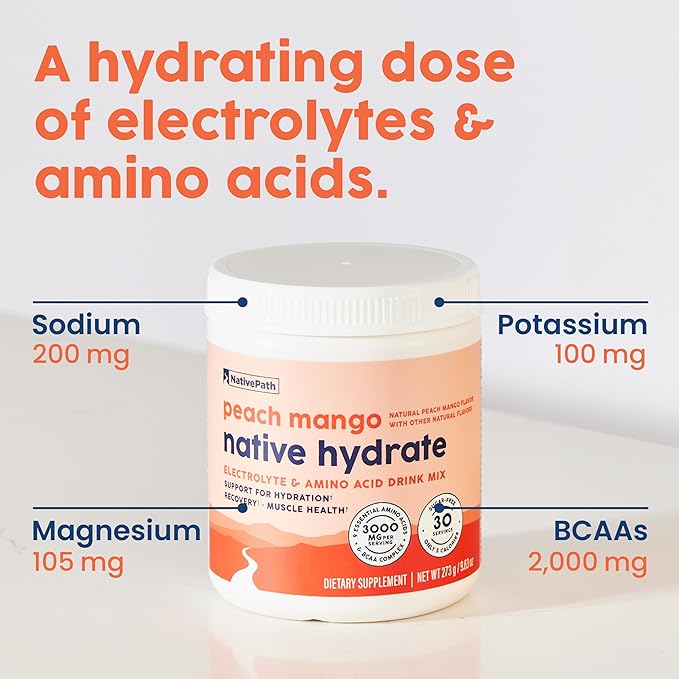 NativePath Native Hydrate Zero Sugar Electrolytes Powder with BCAAs Peach Mango Hydration Keto &amp Paleo Friendly 30 Servings