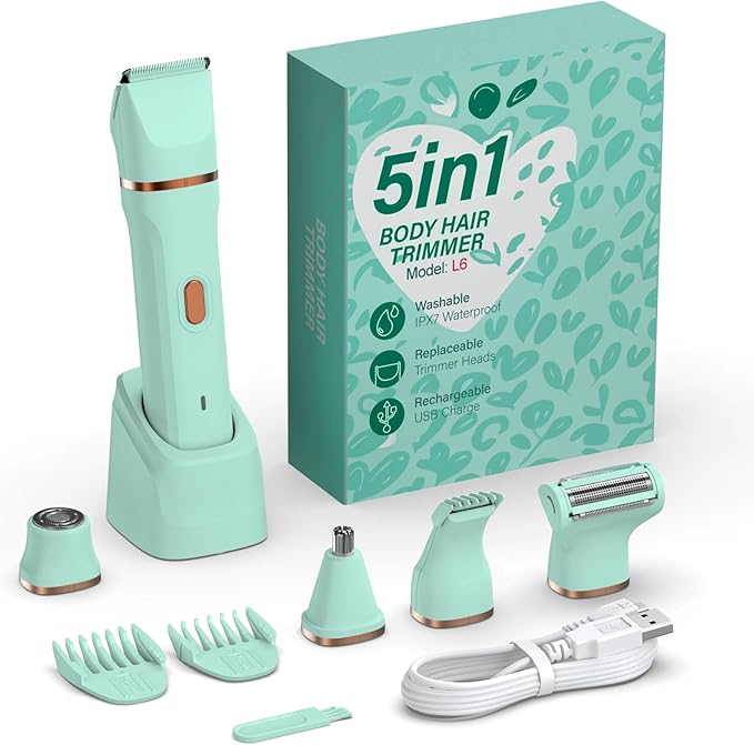 5-in-1 Bikini Trimmer for Women IPX7 Waterproof Electric Razors Shaver Cordless Body Hair Trimmer Facial &amp Pubic Hair Removal Ceramic Blade (Pure Green)