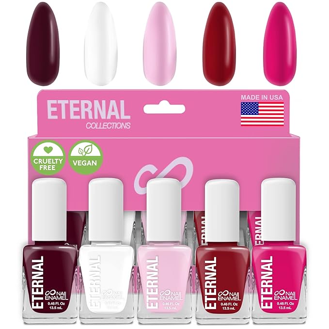 Eternal Red Nail Polish Set for Women (ROSE ALL DAY) - Pink Nail Polish Set for Girls - Long Lasting &amp Quick White Nail Polish for Home DIY Manicure &amp Pedicure - Made in USA 13.5mL (Set of 5)