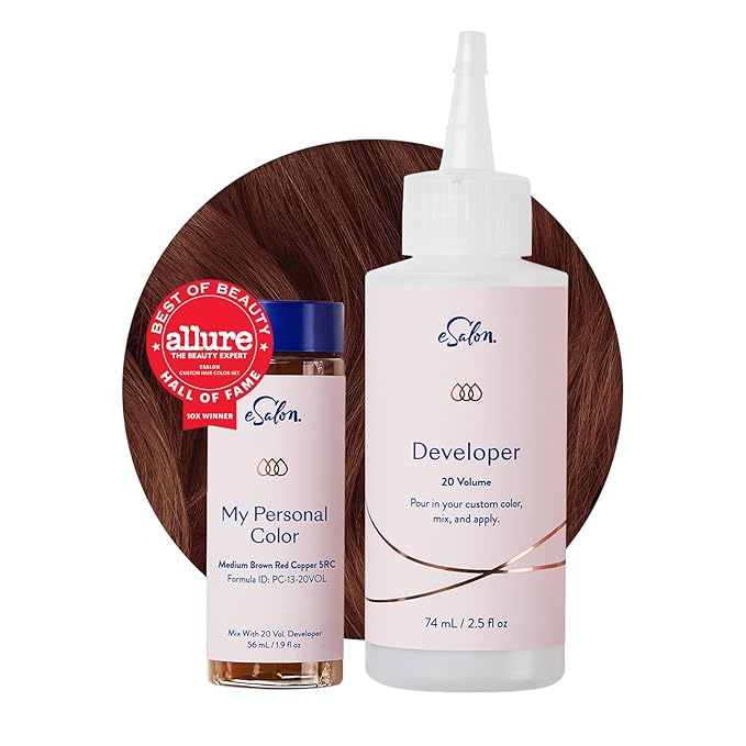 eSalon Permanent Hair Color &amp Hair Dye Complete Kit - Medium Brown Red Copper - Personal Colorist Kit for Up To 100% Gray Coverage for All Hair Types - Professional-Grade Ammonia-Free Hair Dye