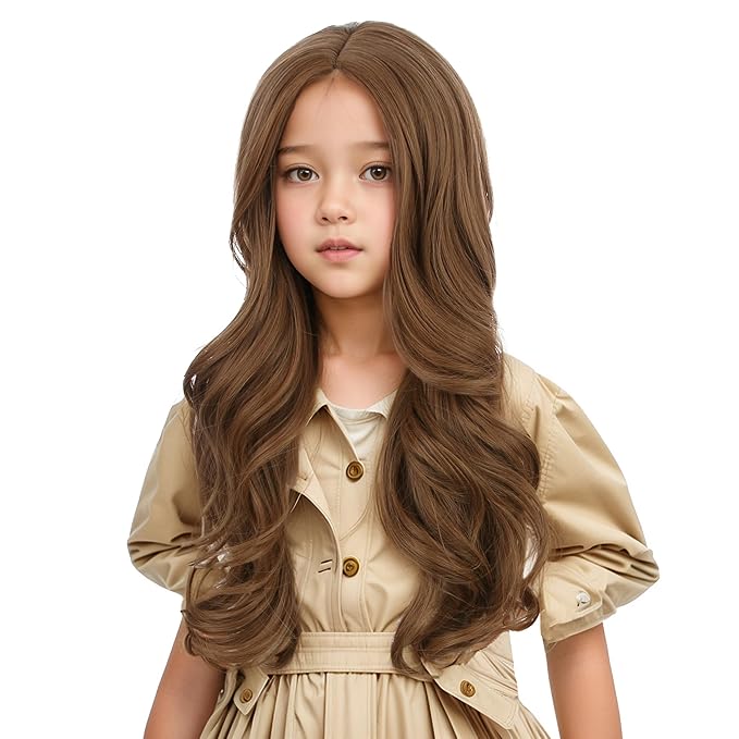 Light Brown Wig for Kids Children Long Light Brown Wavy Curly Wig Girls Long Middle Part Wigs Heat Resistant Synthetic Wigs with Cap