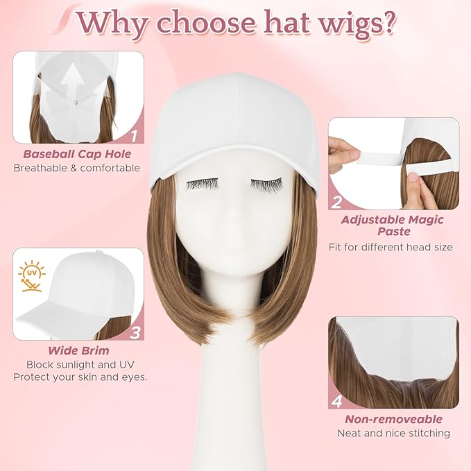 SEGO Hat Wig Hat with Hair Attached for Women White Baseball Cap with Hair Extensions Short Bob Baseball Cap Wig Adjustable Hats for Daily Party 6 Inch #10P22T Medium Brown Mix Dark Blonde