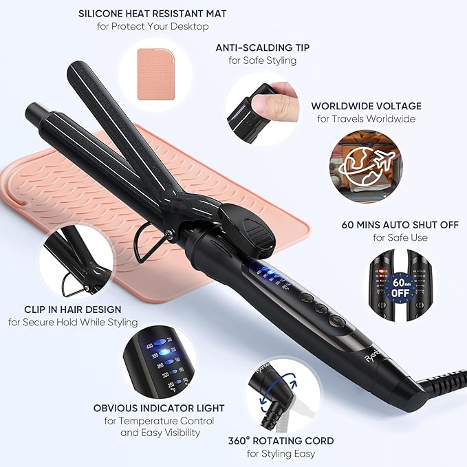 1 Inch Curling Iron 5 Temperature Settings Professional Spring Hair Iron for All Hair Types Max 430℉ with Heat Resistant Mat (1 Inch Black)