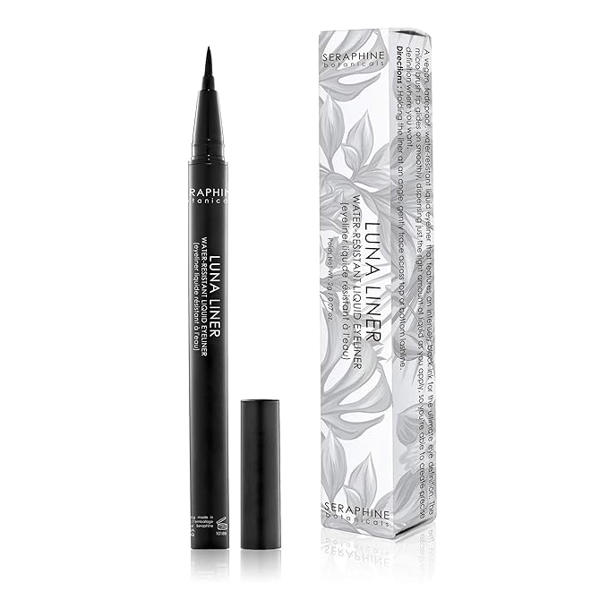 Seraphine Botanicals Waterproof Liquid Eye Liner - Long Lasting Liner Pen Brush Ultra Fine Tip Eye Gel Pigmented Makeup Black Smudge Resistant (Luna)
