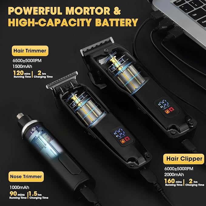 4 in 1 Hair Clippers for Men Professional T-Blade Trimmer Electric Foil Shaver Nose Hair Trimmer Cordless LCD Display Grooming Kit(Black)