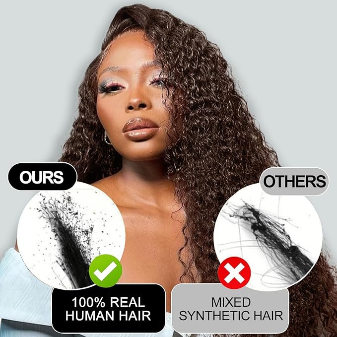32Inch 220% Density 13x6 Deep Wave Lace Front Wigs Human Hair Chocolate Brown HD Lace Front Wigs Human Hair Pre Plucked Deep Curly Lace Frontal Wigs for Women 100% Unprocessed Brazilian Virgin Hair