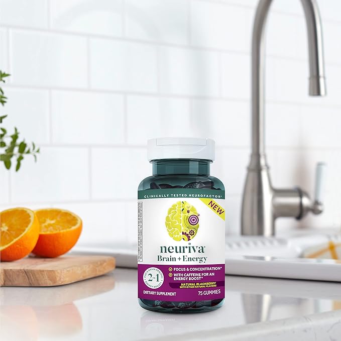 NEURIVA Brain + Energy Gummies Nootropic Brain Supplements for Focus and Concentration with Neurofactor Vitamin B12 &amp Caffeine for an Energy Boost* 75ct Natural BlackBerry