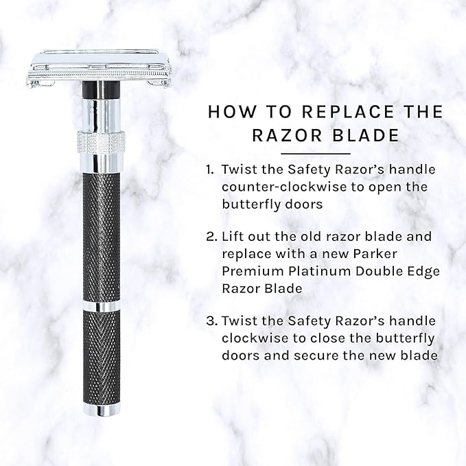 Parker 96R Graphite Gray Long Handle Butterfly Open Double Edge Safety Razor for Men 5 Parker Premium Platinum Double Edge Razor Blades Included