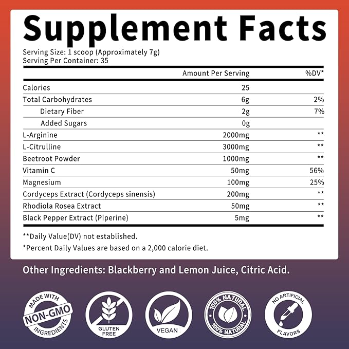 Nitric Oxide Supplement - Beet Root Powder with L-Citrulline &amp L-Arginine Nitric Oxide Supplements for Men Women with Beetroot Supports Energy Heart Health BlackBerry Lemon Flavor 35-Day Supp