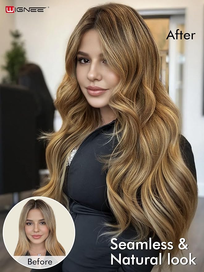 WIGNEE 20 Inch Double Invisible PU OVO Human Hair Extensions 100% Remy Human Hair Weft Highlight Honey Blonde Hair Extensions Human Hair 2PCS Glueless Wefts Micro Beads Hair Extension (T4/27)