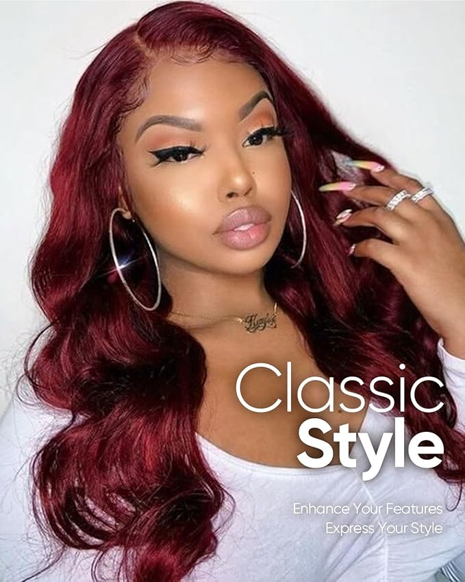 13X6 99j Burgundy Lace Front Wigs Human Hair200% Density 99j HD Lace Front Wigs Red Colored Body Wave Human Hair Wigs 30inch