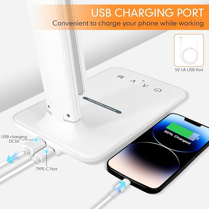 White crown LED Desk Lamp with 15W Wireless Charger &amp USB Port Dimmable Table Lamp with 5 Lighting Modes Sensitive Touch Control Foldable &amp Portable Desk Light for Home Office Bedroom Re