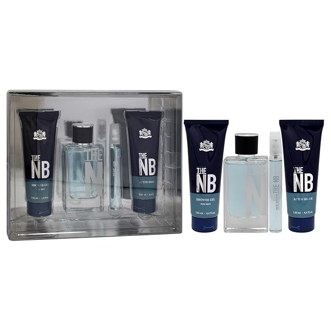New Brand Prestige The NB 4 Pieces Gift Set for Men (3.3 Ounce Eau de Toilette Spray + 4.4 Ounce Shower Gel + 4.4 Ounce After Shave Balm + 0.5 Ounce Eau de Toilette Mini Spray)