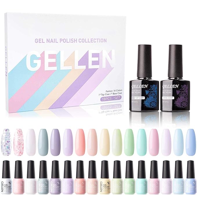 Gellen 16 Colors Gel Nail Polish Kit with Top Base Coat - Fresh Macaron Girly Colors Collection Popular Bright Nail Art Solid Sparkle Glitters Colors Home Gel Manicure Set