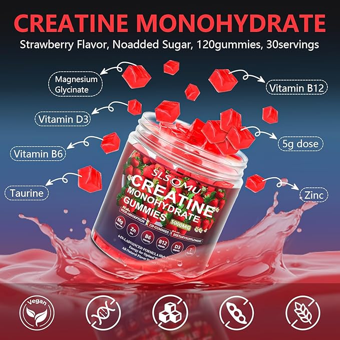 Creatine Monohydrate Gummies 5000mg for Women and Men - Pre-Workout Supplement with Magnesium Zinc &amp Taurine - Strawberry Flavor - Builds Muscle Strength - Boosts Energy Vegan - 120 Gummies