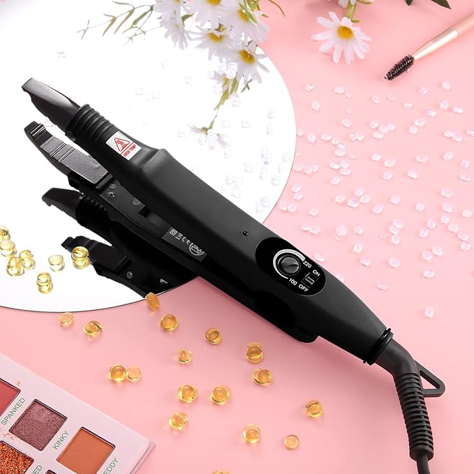 Hair Extensions Iron Fusion Keratin Hair Extensions Heat Tool Heat Connector Wand with Fusion Glue Protector Template Hair Clip Finger Protector 2 Bag Keratin Glue Granule Bead(Black)