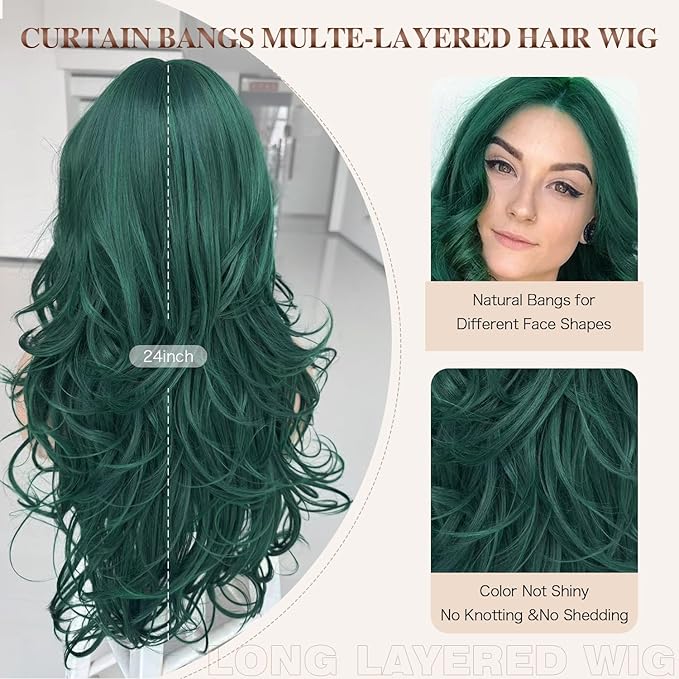 Dark Green Wig Long Layered Wavy Green Wigs with Curtain Bangs for Black White Women Synthetic Long Wavy Layered Natural Curly Wigs Heat Resistant for Daily Party Use 24Inch(GREEN)