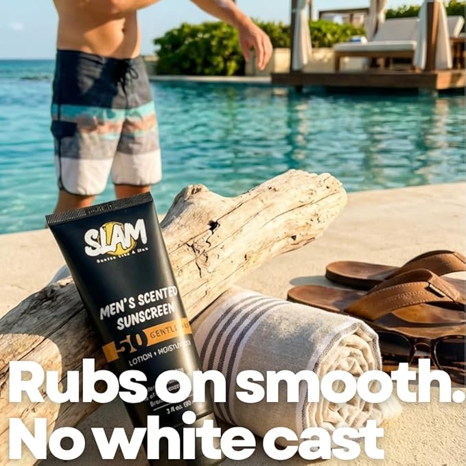 SLAM Men's Sunscreen Lotion SPF 50 &amp Moisturizer ? Face &amp Body Sunblock Anti-Aging Water-Resistant Hawaii Act 104 Safe Skincare for Men Scented &amp Unscented ? 3 fl oz. each- Trio pack.