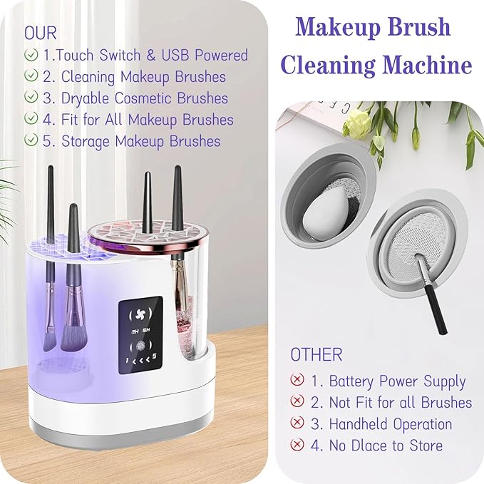 Makeup Brush Cleaner Machine 3 IN 1 Electric Makeup Brush Cleaner &amp Dryer Cosmetic Brushes Cleanser USB Makeup Brush Washer Cosmetic Brushes Cleaner Tool for All Makeup Brush Sponges (White)