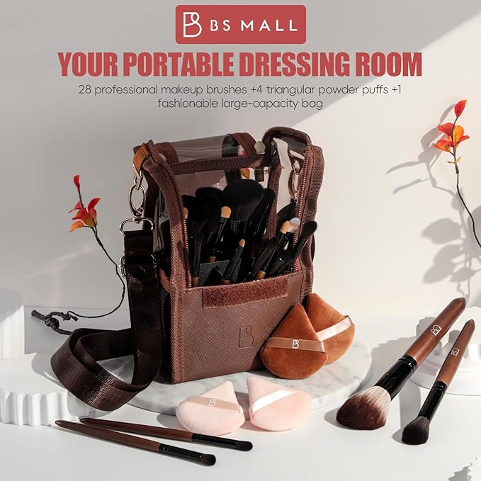 BS-MALL Professional Makeup Brush Set 28 Pcs With Travel Makeup BagConcealer Brush Foundation Brush Blush Brush 4 Pcs Triangle Puff &amp makeup sponges for Flawless beauty on the Go