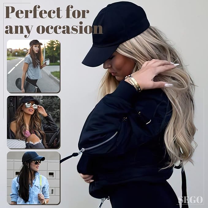 SEGO Baseball Cap with Hair Extensions for Women Heat Resistant Synthetic 16 Inch Adjustable Long Wavy Hairpiece Replacement Wigs in Hat for Girls99J