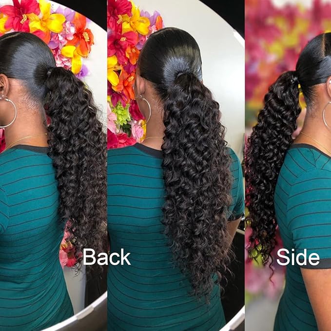 Curly Human Hair Strap Ponytail Extensions 100% Unprocessed Brazilian Hair Wrap Around Ponytails Magic Paste with Comb Clip in Kinky Curly Pony Tail (28 Curly Hair)