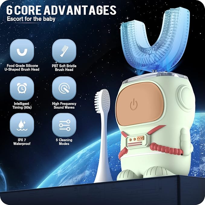 Ultrasonic Kid's U-Shaped Electric Toothbrush IPX7 Waterproof Five Cleaning Modes 60S Smart Reminder (Cartoon Astronaut Green Ages 2-6)