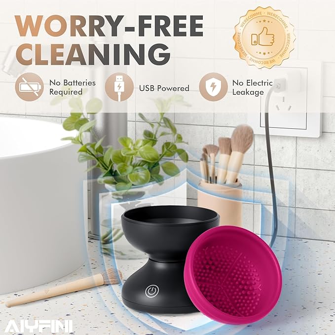 Alyfini Electric Makeup Brush Cleaner Machine Powerful Friction Removes Residue on Make up Brushes Set/Sponge/Powder Puffs Efficient Cleaning Portable Spinning Washer Save Cleanser &amp Shampoo