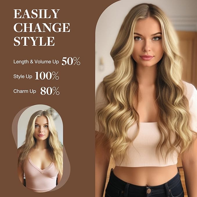 GOO GOO Wire Hair Extensions Human Hair 17/22/60 Ash Blonde with Golden Blonde and Platinum Blonde Balayage 18inch 95g Invisible Wire Hair Extensions with Transparent Seamless Fish Line Hairpiece