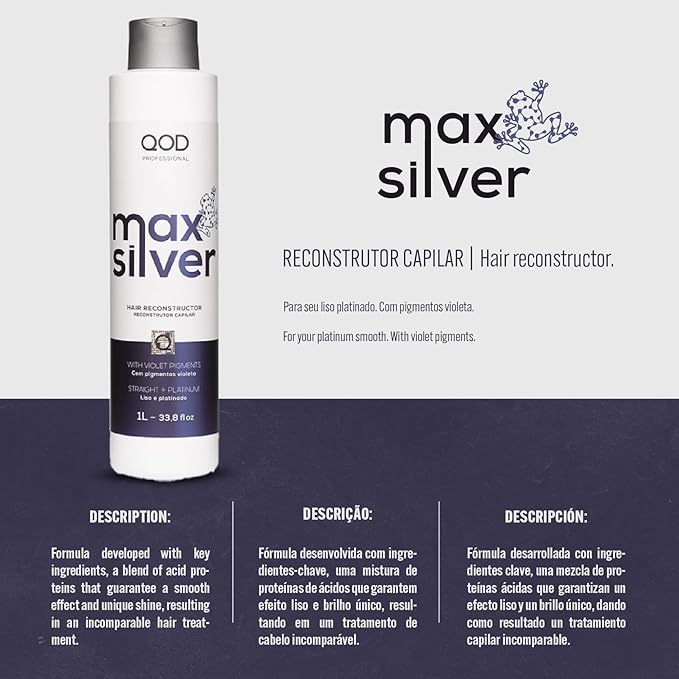 QoD PRO Max Silver Hair Reconstructor Brazilian Keratin Treatment with Violet Pigments for All Hair Types Natural Long-Lasting Straightening Effect Zero Frizz Instant Shine 33.8 oz (1 L)