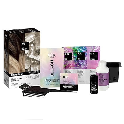 IGK Color Bright One Step Bleach &amp Color Kit for Accent Pieces ICE BREAKER- Cool Blonde | One-Step Color Processing + Replenishes + Hydrates | Vegan + Cruelty Free + Ammonia Free | 4 Oz