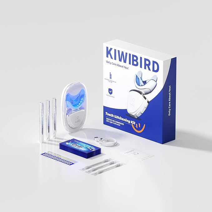 KIWIBIRD Teeth Whitening Kit for Sensitive Teeth ? 3 Gel Pens LED Light with Wireless Charging Case IPX7 Waterproof Enamel-Safe at-Home Dental Care Tool