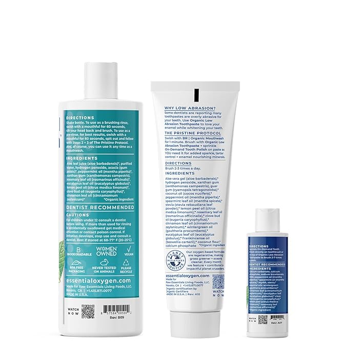 Essential Oxygen Pristine Protocol A 3-Step System (1. Rinse 2. Brush 3. Polish) for Your Best Smile Ever 3 Count Combo Pack