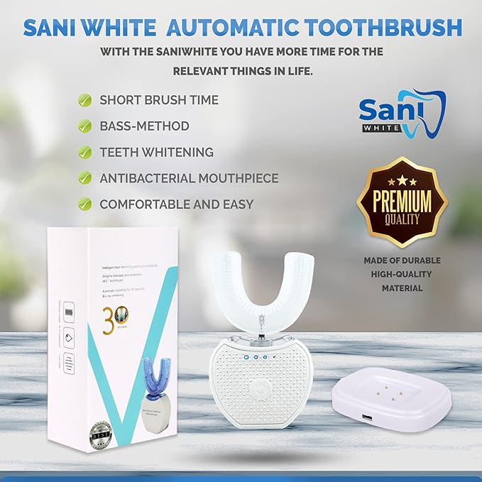Sani White Ultrasonic Toothbrush Ortho Sparkle Sonic Glow Brush 360 Brite Toothbrush Adult U Shaped Ultrasonic Tooth Cleaner Teeth Whitening Light Electric Automatic Hands Free