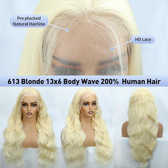 32 Inch 613 13x6 Lace Front Wig Human Hair 200 Density Blonde Wig Human Hair Body Wave Lace Front Wigs Human Hair Pre Plucked for Women Glueless Colored Wig 613 HD Lace Frontal Wigs Body Wave Wig