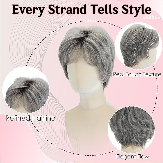 WIGYY Light Gray Pixie Cut Wig for White Women ? Short Curly Synthetic Wig with Bangs Heat-Resistant Glueless Cap Lightweight Natural Looking Wig for Older Women Daily Wear