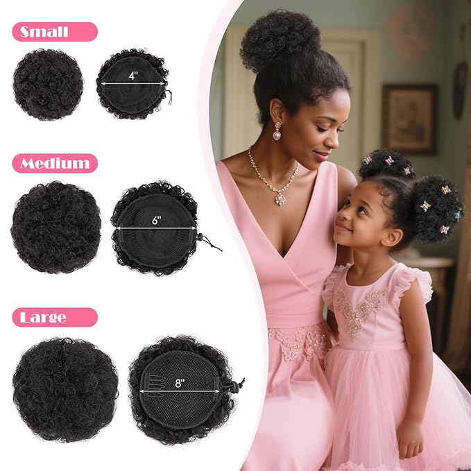 Hairro Afro Puff Hair Bun For Kids Human Hair Drawstring Ponytail Extensions For African Black Women Girls Remy Kinky Curly Scrunchy Hairpieces 40g 6 #1B Natural Black