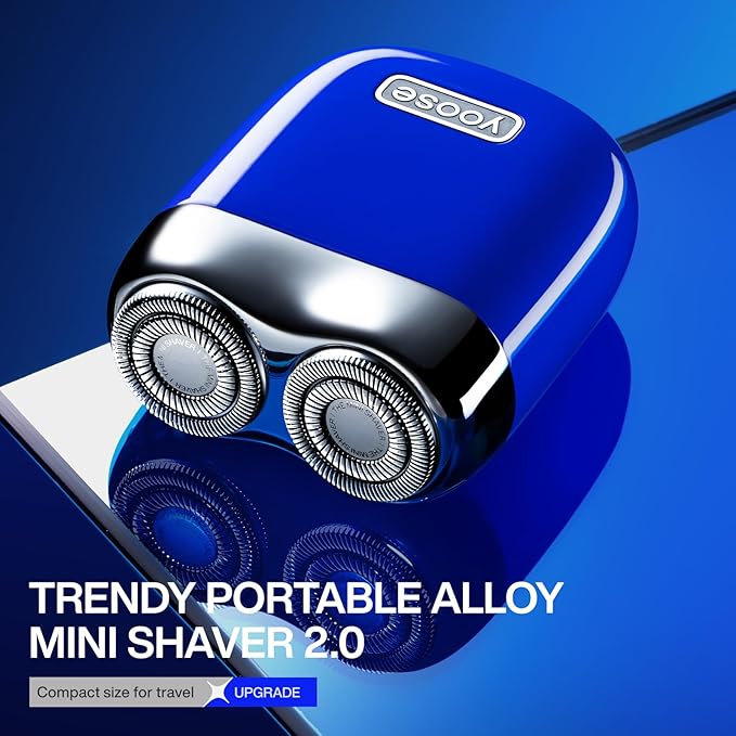 yoose Alloy Mini Shaver Portable Electric Razor for Men IPX7 Waterproof Dry Shave USB-C Rechargeable Easy to Clean Magnetic Detachable Head Cordless Electric Shaver 60 Mins Runtime Blue