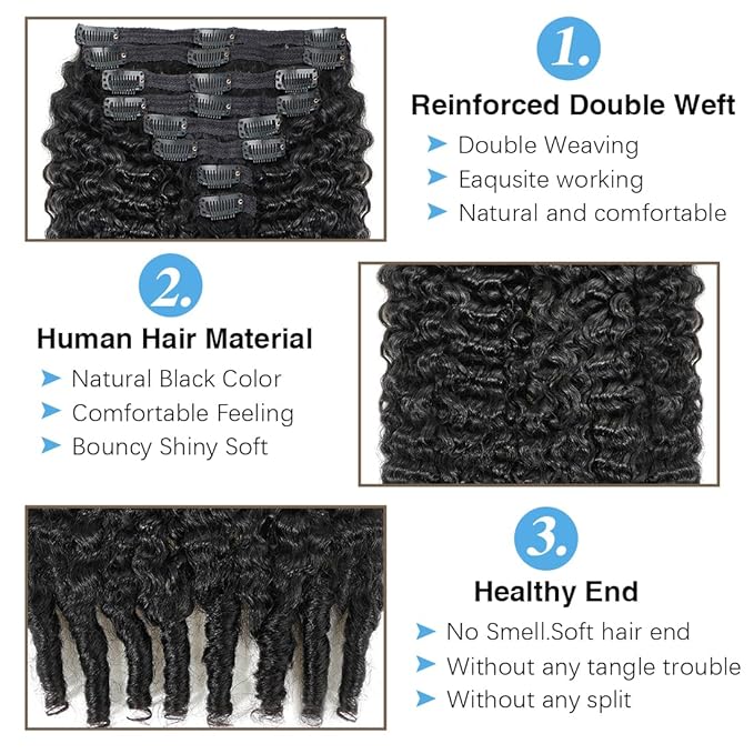 Burmese Curly Clip in Hair Extensions Real Human Hair 8Pcs Remy Human Hair Clip in Extensions for Women Natural Soft Human Hair 120g 18inch #1B Natural Black