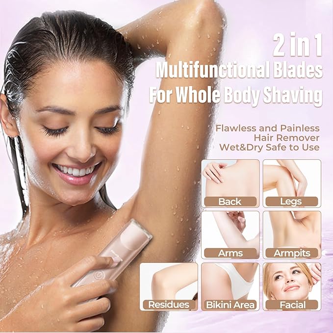 Bikini Trimmer for Women - 2 in 1 Electric Razors for Women - Dual Head Electric Shaver - IPX7 Waterproof Wet &amp Dry Use Body Hair Trimmer and Facial Hair Remover for Bikini Underarm Leg Arm