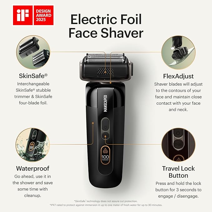 MANSCAPED® The Chairman??PRO Men?™s Electric Foil Face Shaver - Two Interchangeable Blade Heads SkinSafe® Four-Blade Foil &amp Stubble Trimmer USB-C Wireless Compatible Charging Gentle on Neck