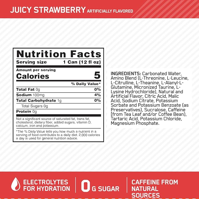 Optimum Nutrition Amino Energy Sparkling Hydration Drink Electrolytes Caffeine Amino Acids BCAAs Sugar Free Juicy Strawberry 12 Fl Oz 12 Pack (Packaging May Vary)