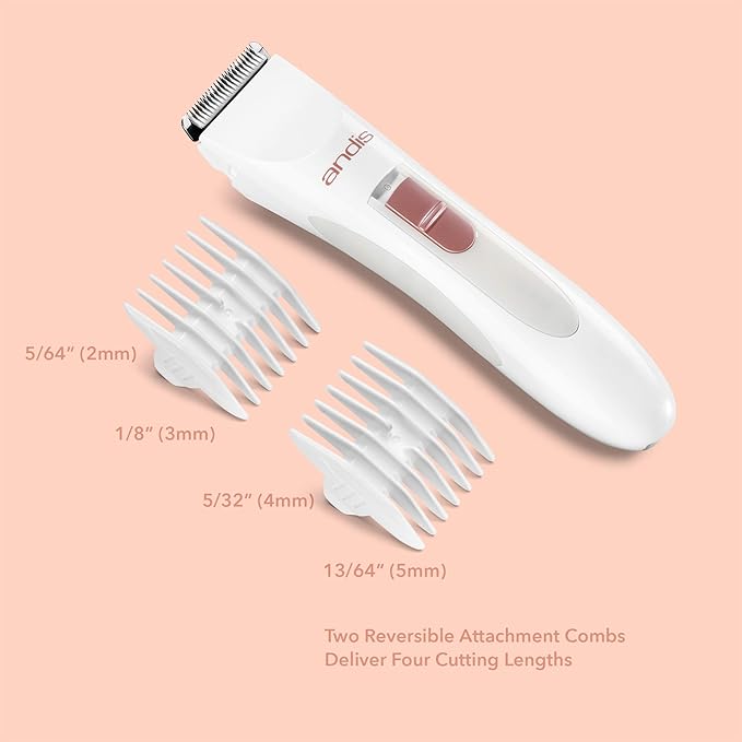 Andis 24630 Women's Personal Electric Trimmer - Detachable Stainless-Steel Blade - for Legs Underarms Hair Removal - Rechargeable Cordless Slim Design - 6-Piece Kit White