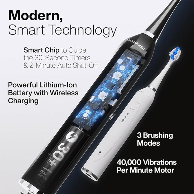 Aquasonic Duo - Dual Handle Ultra Whitening 40000 VPM Wireless Charging Electric ToothBrushes - 3 Modes with Smart Timers - 10 Dupont Brush Heads &amp 2 Travel Cases Included