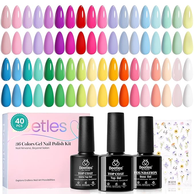 beetles Gel Nail Polish Set - 40 Pcs 36 Colors Nail Polish Kit Pink Red Green Blue Color Gel with Base&ampGlossy Matte Top Coat UV LED Petal Symphony Collection Nail Art Christmas Gifts for Women