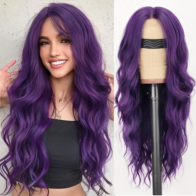 AISI HAIR Dark Purple Wig for Women Long Wavy Lace Hairline Middle Part Synthetic Heat Resistant Wig for Daily Party-26 Inch
