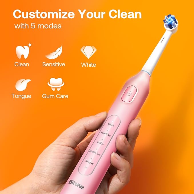 Bitvae R1 Rotating Electric Toothbrush with 8 Brush Heads for Adults and Kids 5 Modes Rechargeable Power Toothbrush 3 Hours Fast Charge for 60 Days Brushing Timer Pink